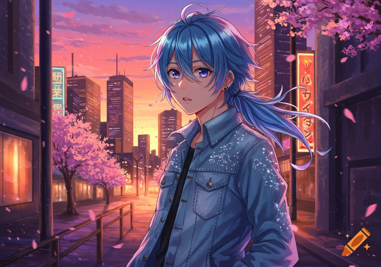 Anime boy with blue hair and denim jacket on a city street with cherry blossoms at sunset.