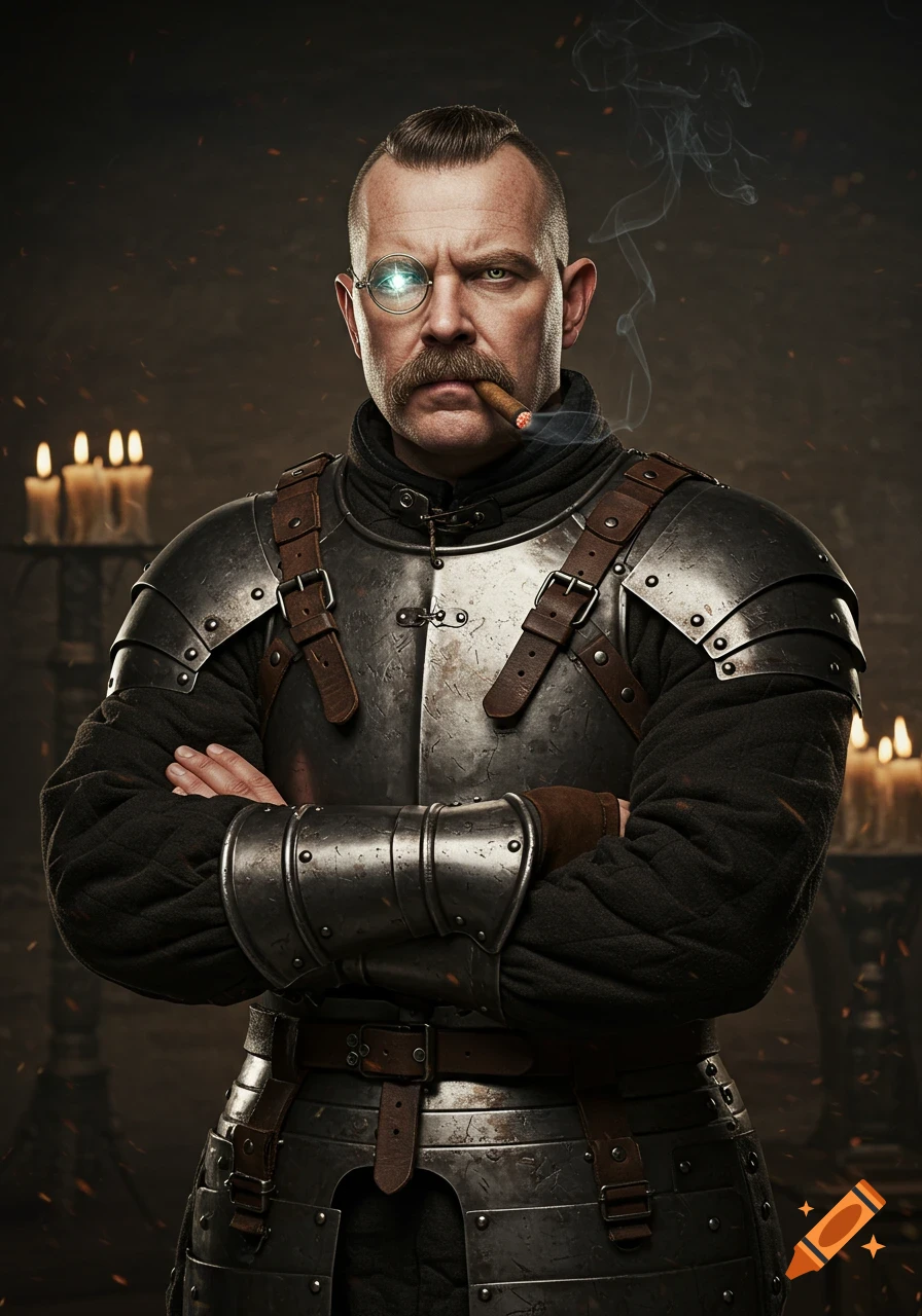 Stern man in medieval armor, thick mustache, glowing monocle, and smoking cigar, arms crossed in a gritty candle-lit room. Photorealistic.