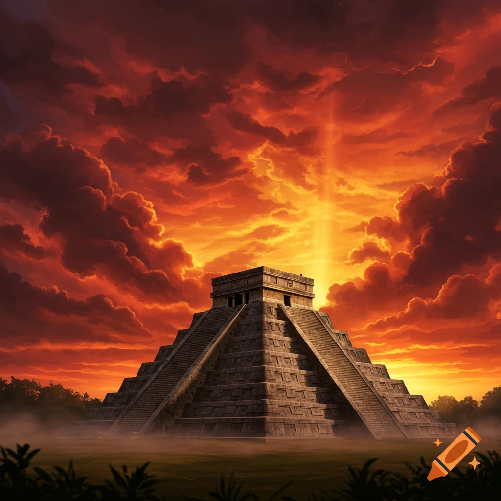 Majestic Chichen Itza pyramid under a dramatic sky ablaze with red and orange clouds and a descending light beam.