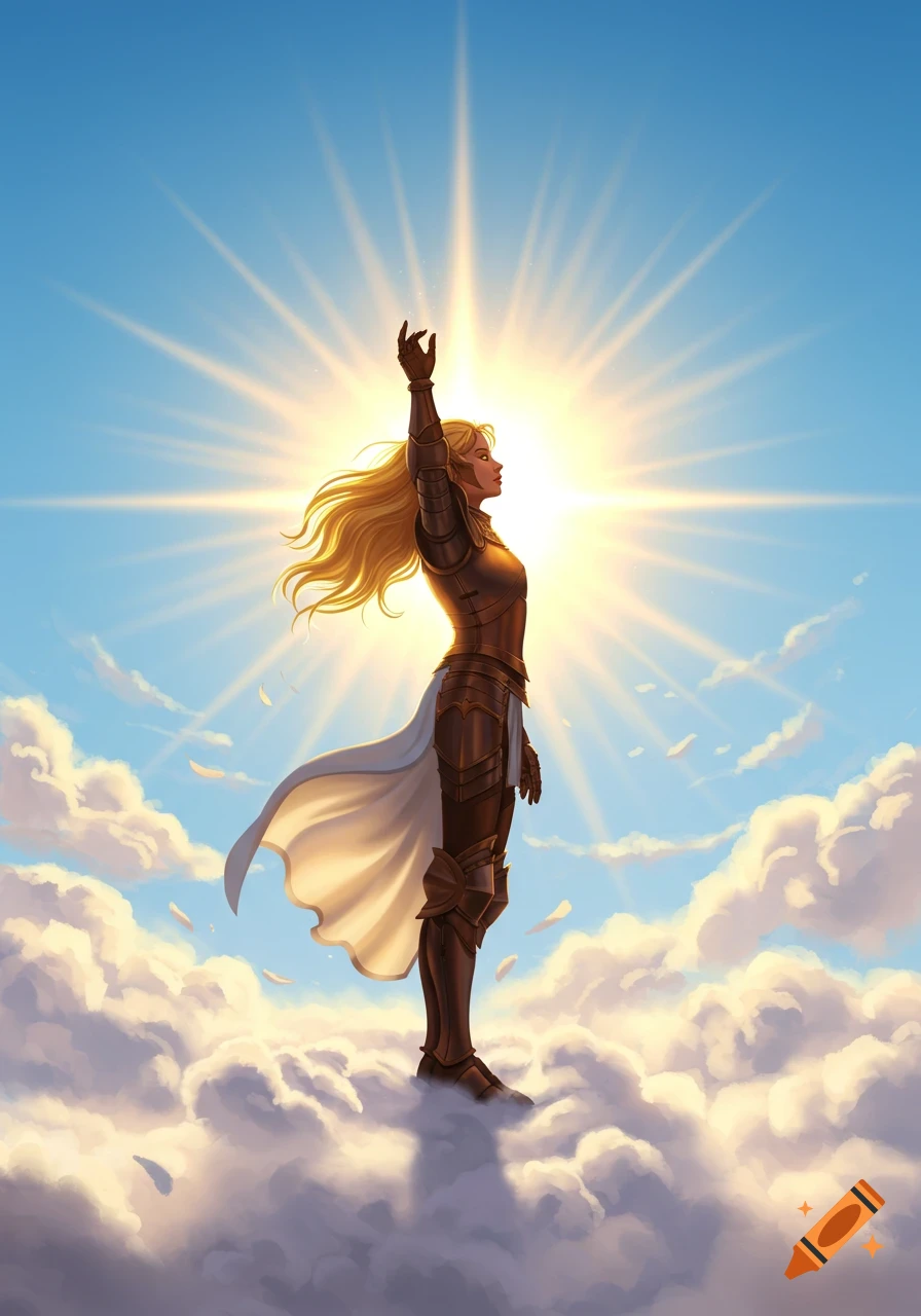 A blonde female warrior in bronze armor stands on white clouds, arm raised towards a radiating sun in a blue sky, digital art.