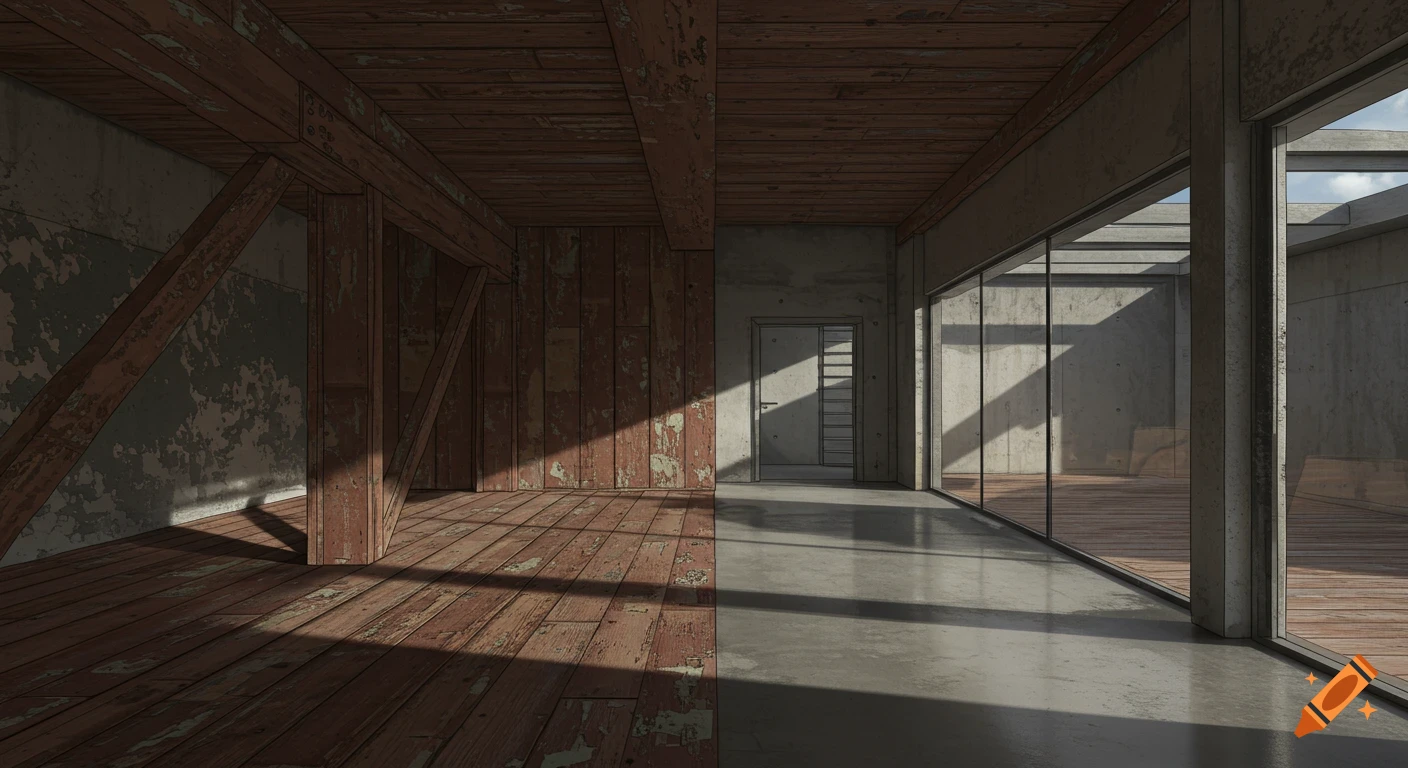 Stylized architectural interior contrasting old peeling wood with modern concrete and glass, with sunlight casting shadows.