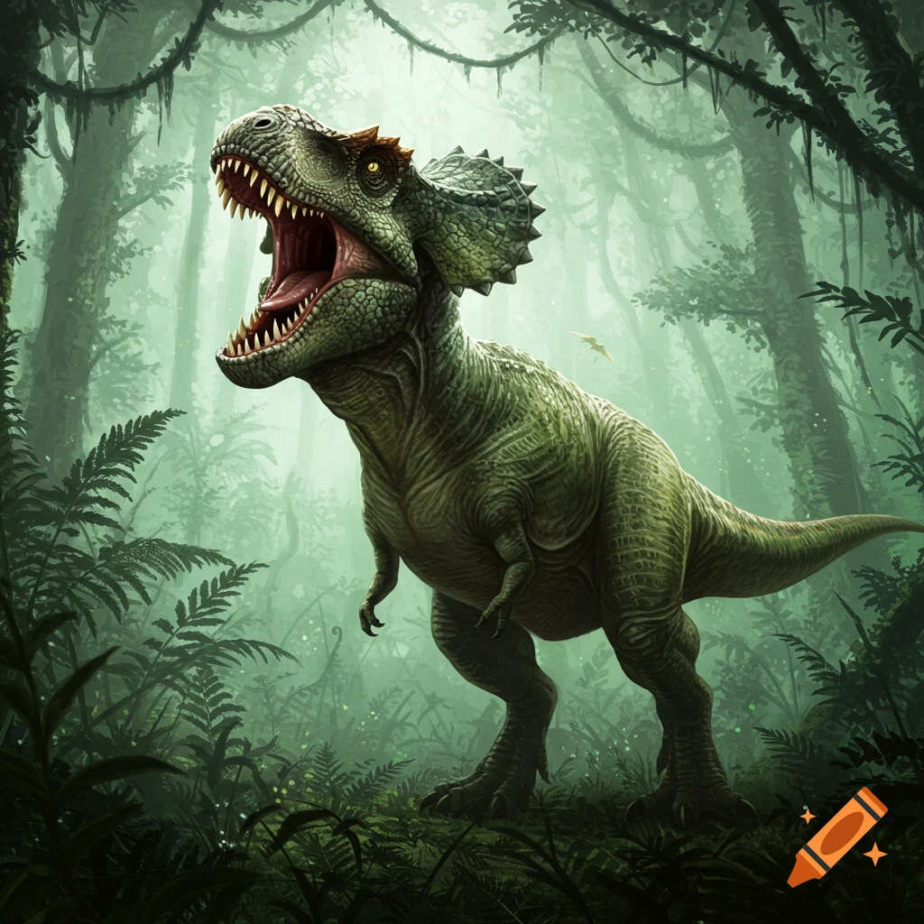 A roaring, green dinosaur with T-rex and Triceratops features stands in a misty, lush jungle.
