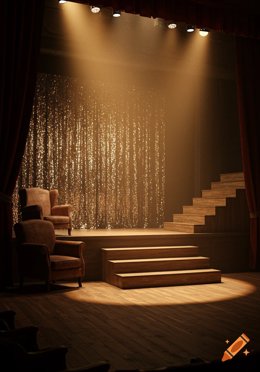 An empty stage with red curtains, spotlights, a glittery gold backdrop, two armchairs, and wooden steps on the right.