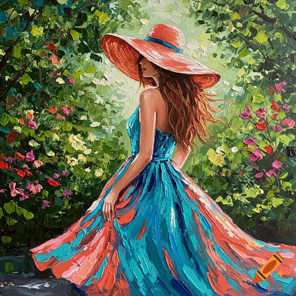 Impasto painting of a woman in a flowing teal and orange dress and a large coral hat in a vibrant garden.