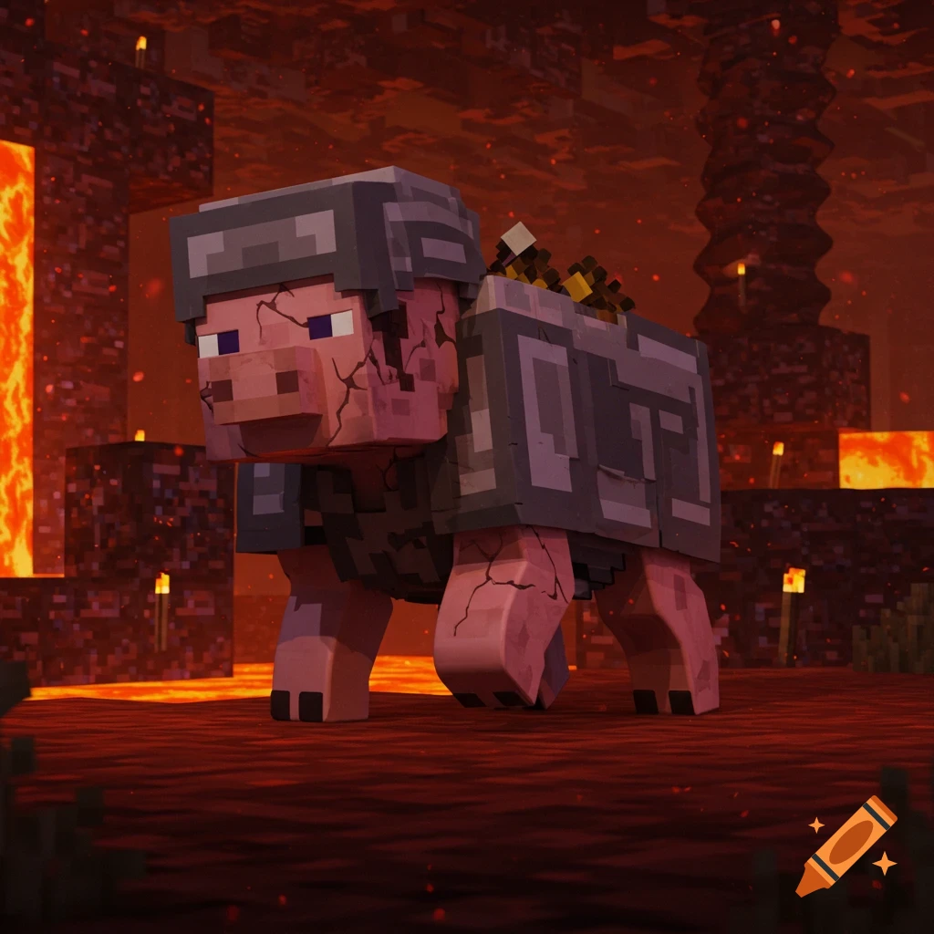 A Minecraft Zombified Piglin in dark armor stands in a fiery Nether landscape.