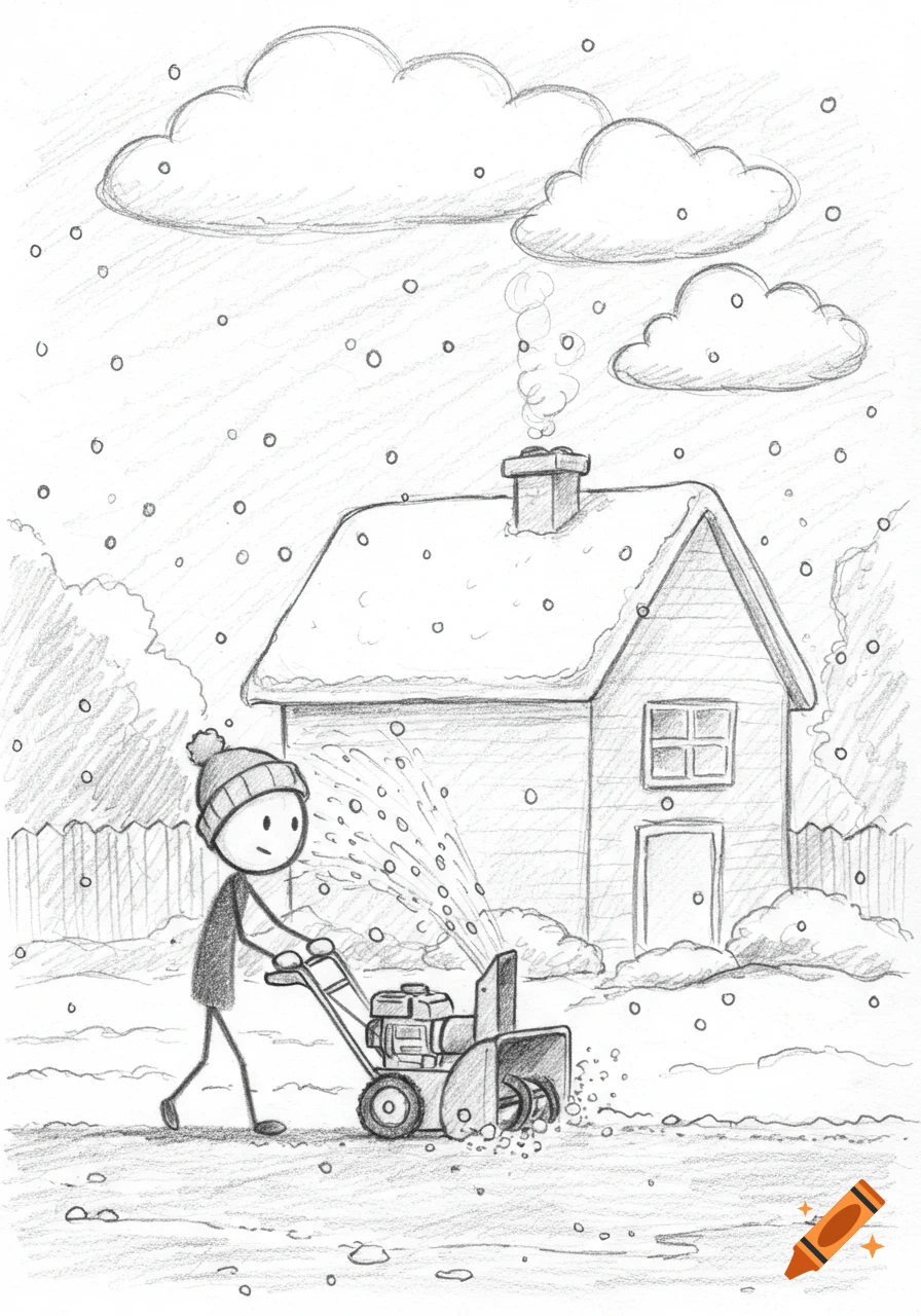Pencil drawing of a stick figure clearing snow with a snowblower in front of a house, as snow falls.