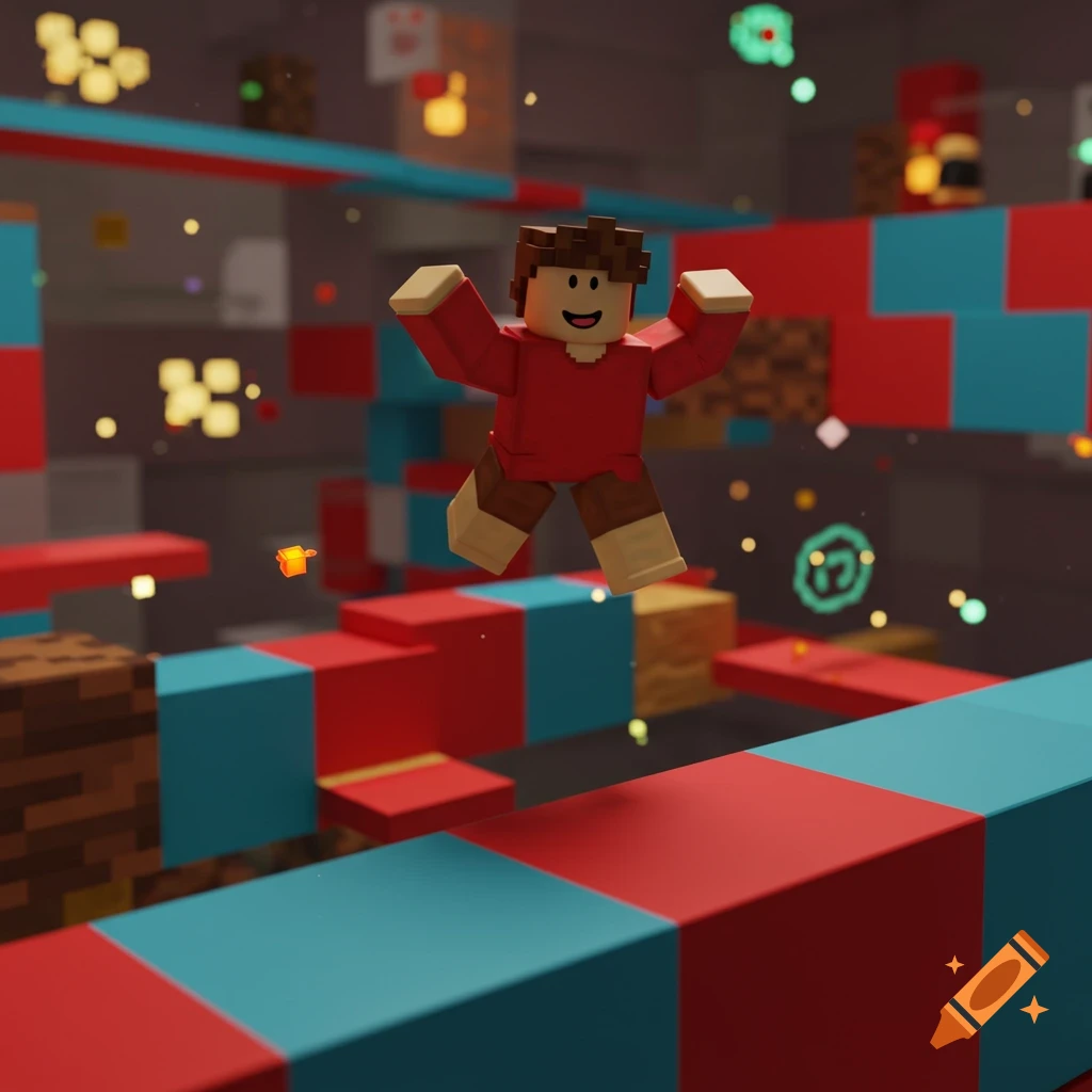 A blocky Roblox character in a red shirt and brown shorts jumps mid-air over red and blue blocks in an obstacle course with glowing pixelated elements.