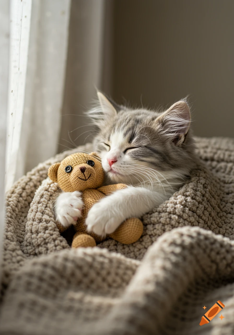 A cute gray and white kitten sleeps soundly, cuddling a small brown knitted teddy bear on a cozy blanket in sunlight.