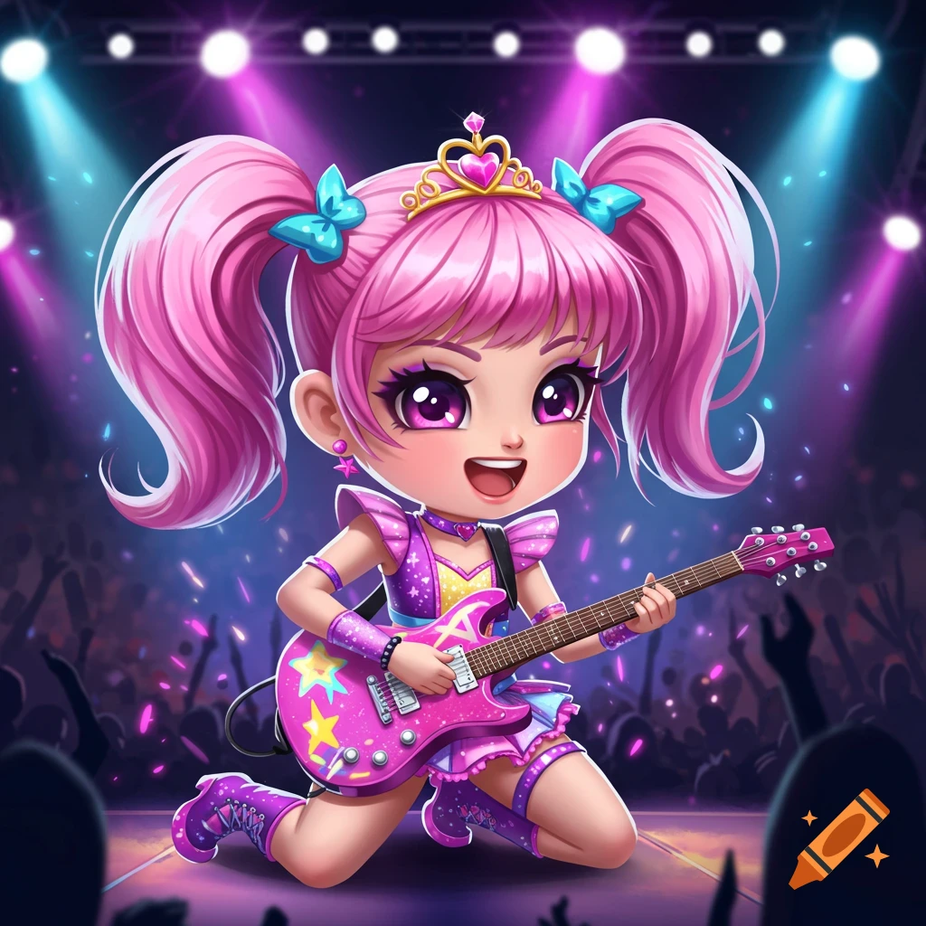 A vibrant chibi girl with pink pigtails and a crown plays a pink electric guitar on stage at a concert, with purple and blue lights.
