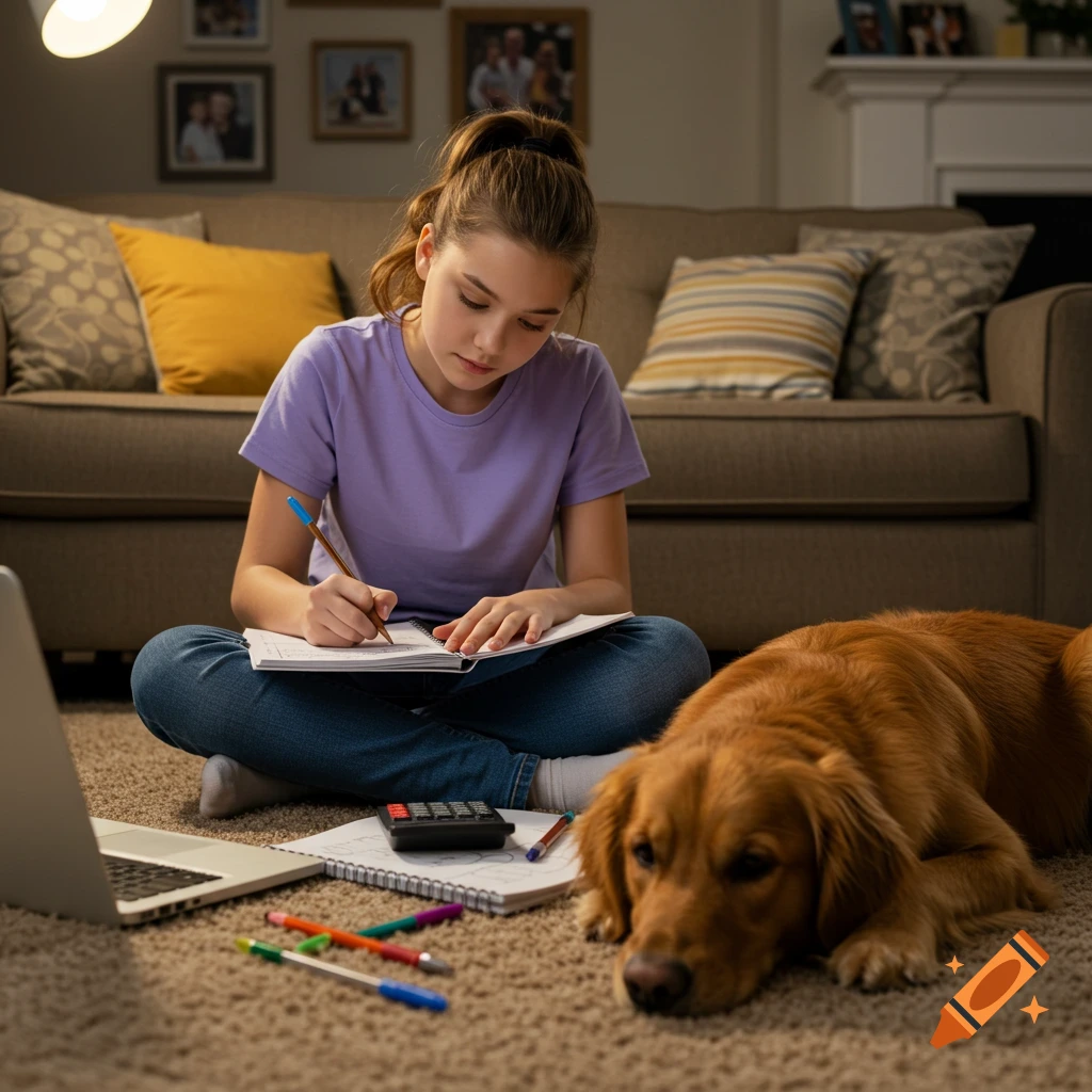 A young girl in a purple shirt and jeans sits on a carpeted floor, writing in a notebook next to her golden retriever, laptop, and calculator.