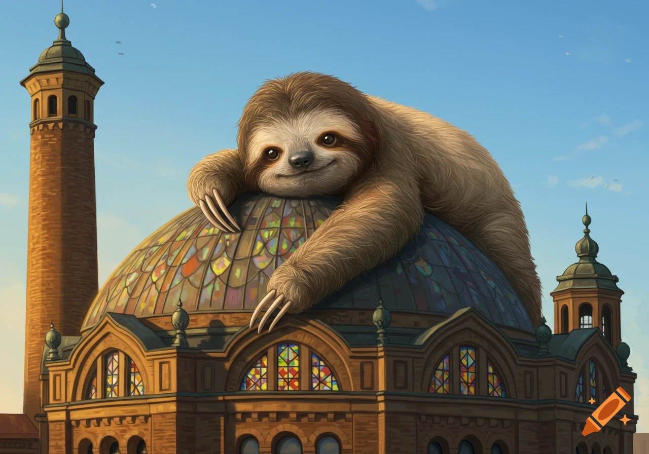 A giant, fluffy sloth with long claws embraces the stained glass dome of a historic brick building with a tall tower under a clear blue sky.