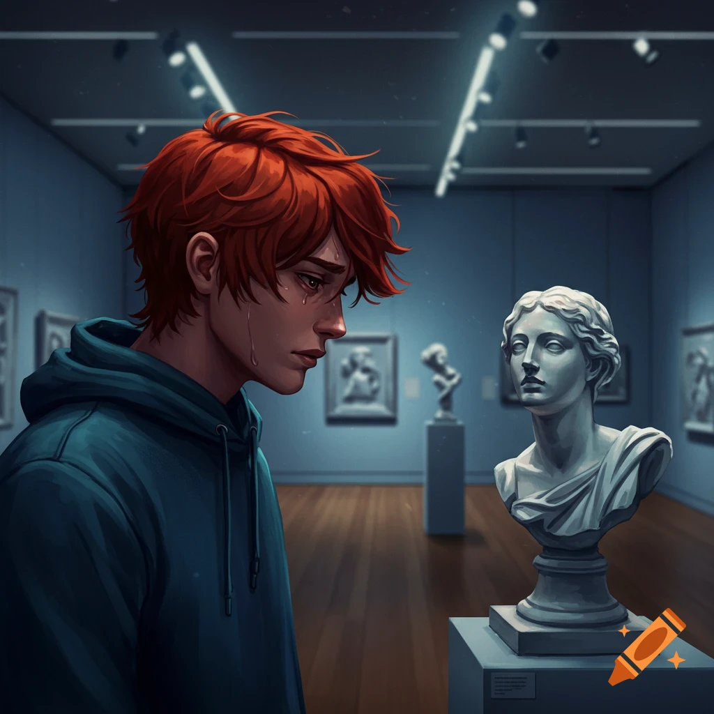 A red-haired boy cries while looking at a white bust in a dimly lit museum, illustrated in an anime style.