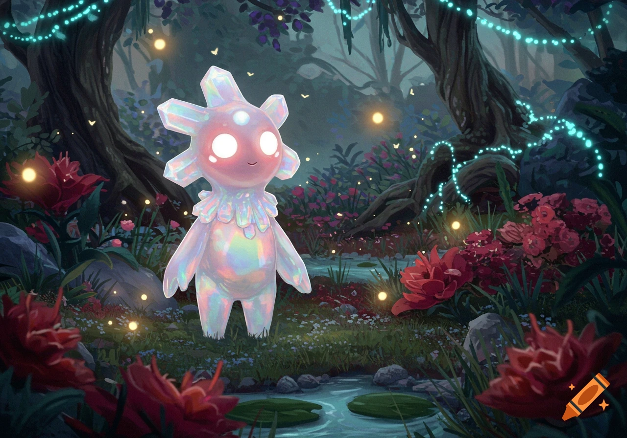 A shiny, crystalline, star-headed creature with glowing eyes stands in a magical, glowing forest at night, surrounded by red flowers.