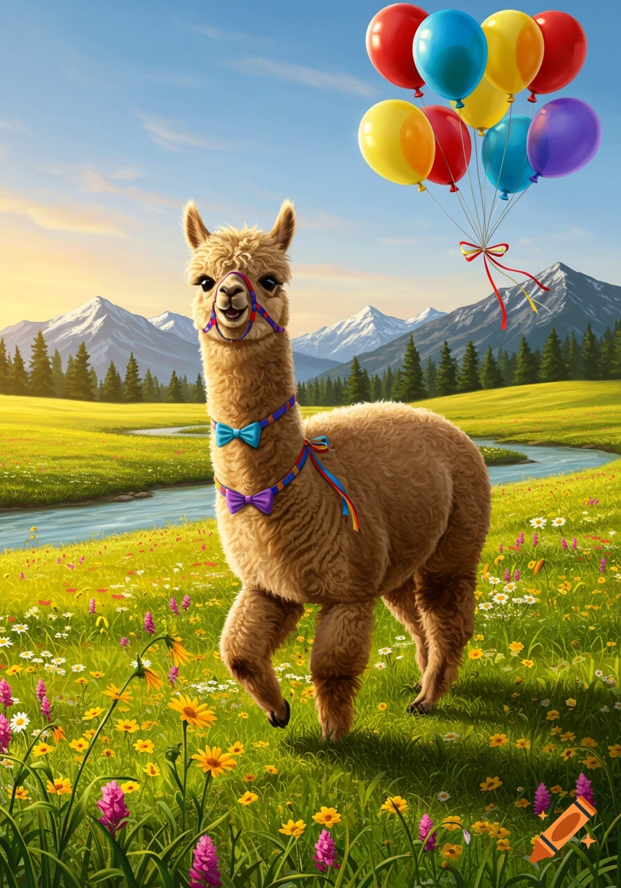 A fluffy brown alpaca with bow ties stands in a vibrant wildflower meadow with mountains, a river, and colorful balloons floating overhead.