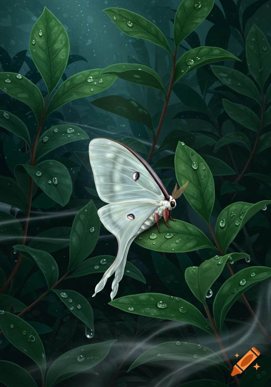 A beautifully illustrated pale green moon moth with long tails perched on dark green leaves covered in dewdrops.