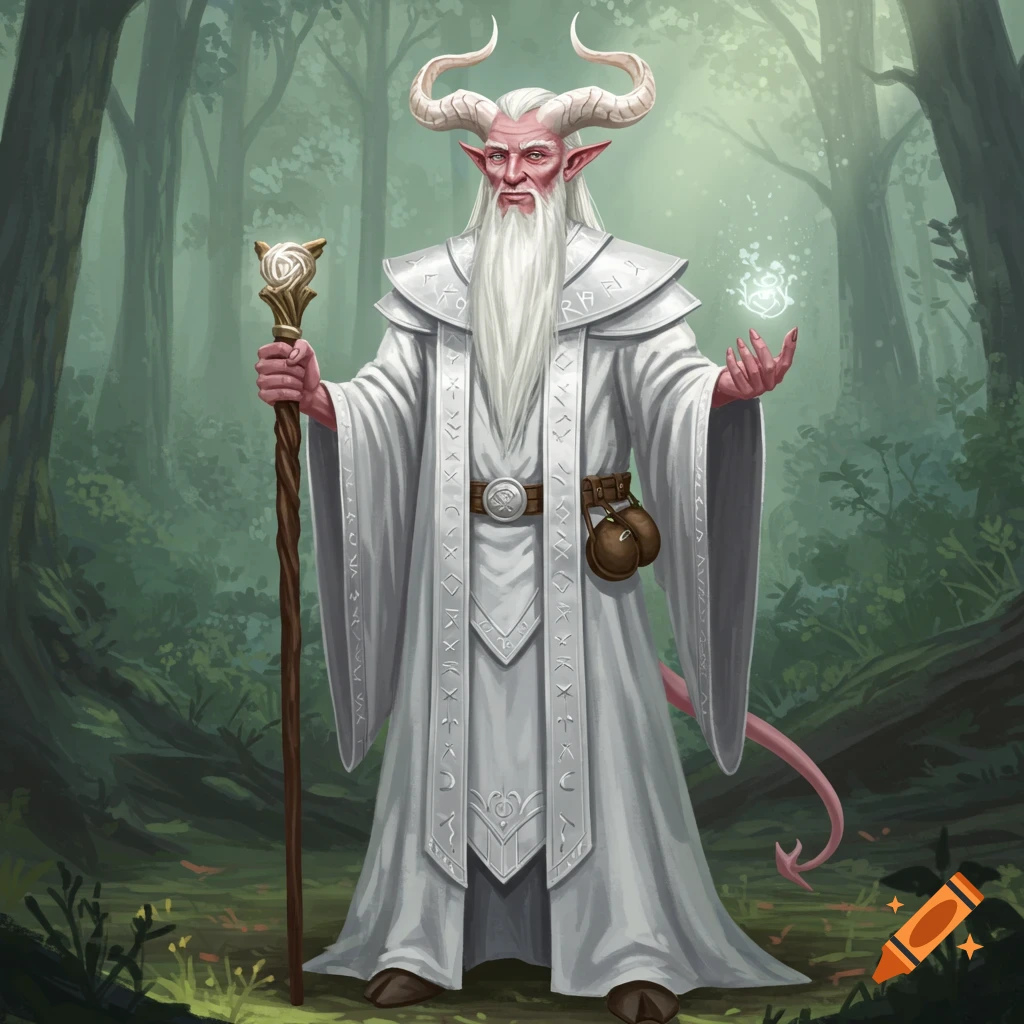 An elder albino Tiefling wizard with white horns, a long white beard, and pinkish skin, wearing white robes and holding a staff, stands in a green forest with a glowing orb in his hand.
