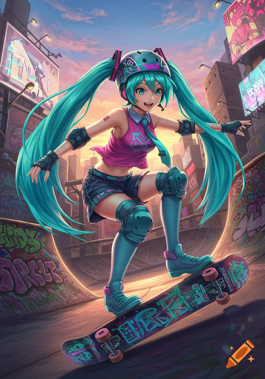 Anime style Hatsune Miku skateboarding in a vibrant skate park at sunset, wearing a pink top, shorts, helmet, and protective gear.