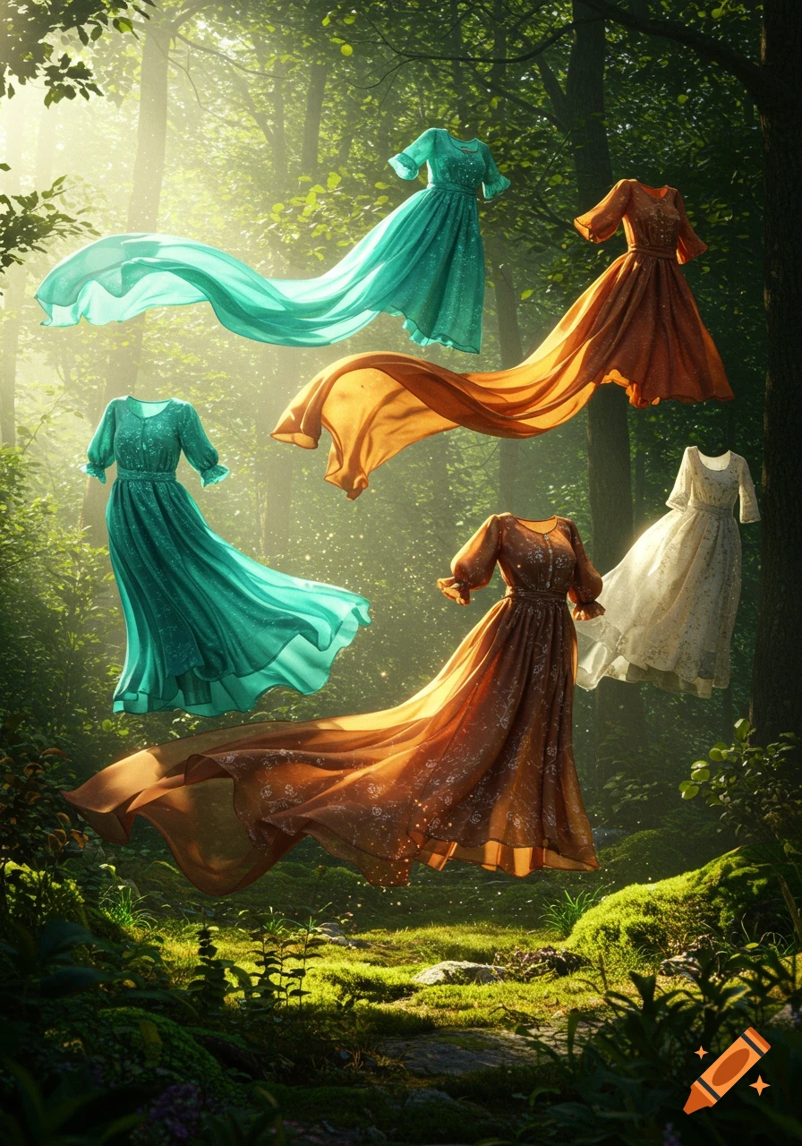 Various elegant dresses in teal, orange, and white float and billow in a sunlit, mossy forest.
