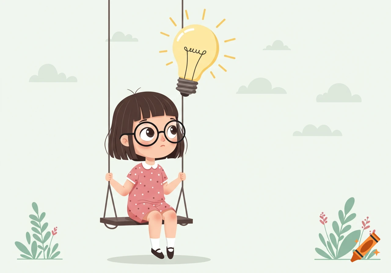 A cartoon little girl with short brown hair and round glasses sits on a swing, looking up at a bright yellow lightbulb above her, symbolizing an idea.