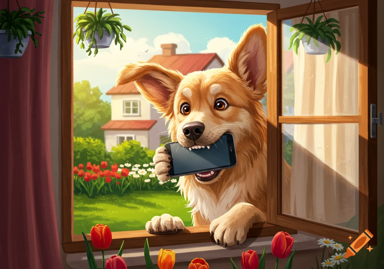 An illustrated dog holds a smartphone in its mouth and paws, looking out a window at a sunny garden with tulips and a house.