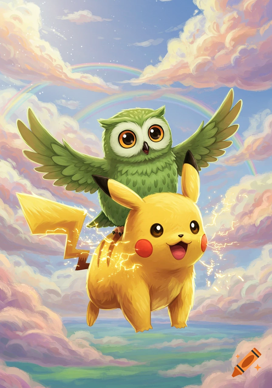 A cute green Duolingo owl rides a happy yellow Pikachu, flying through a bright sky with pink clouds and a rainbow, in a cartoon style.