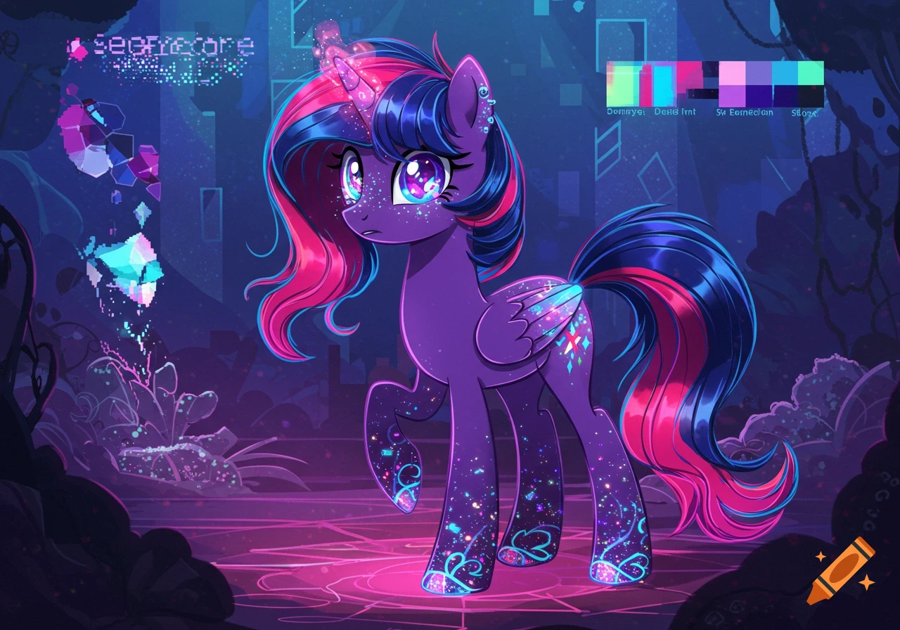 A purple unicorn pony with pink and blue hair, glowing sparkles, and a crystalline horn stands in a neon glitch-art 'scenecore' environment.