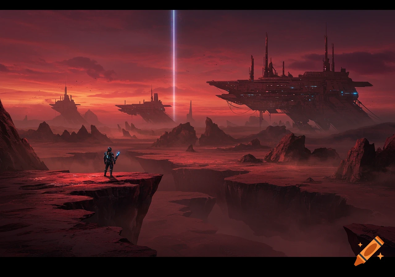 A lone figure in a futuristic suit stands on a red, rocky alien planet, overlooking large sci-fi structures and a bright light beam in the red sky.