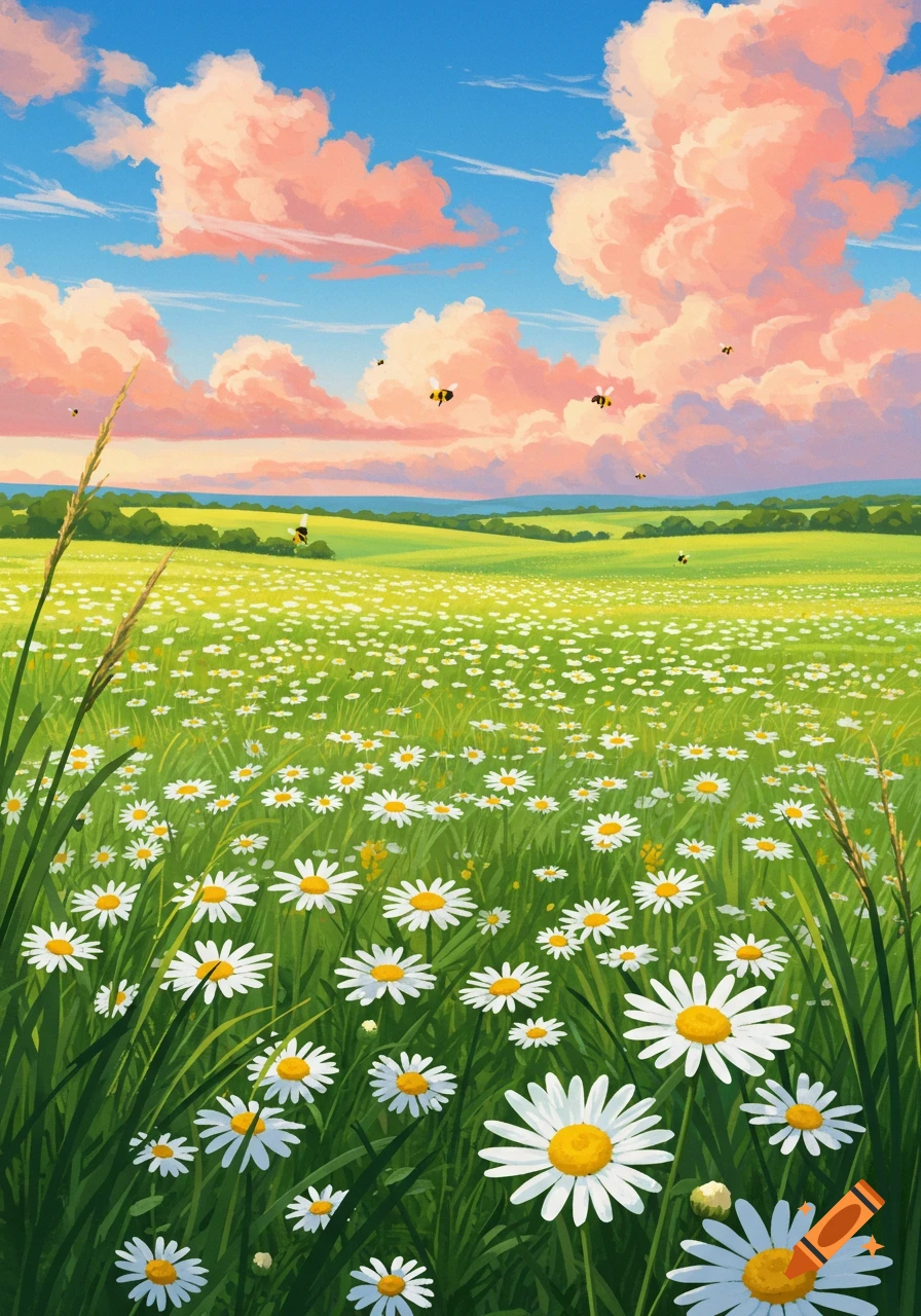 A vibrant cartoon-style meadow filled with white daisies and green grass under a blue sky with fluffy pink clouds and flying bees.