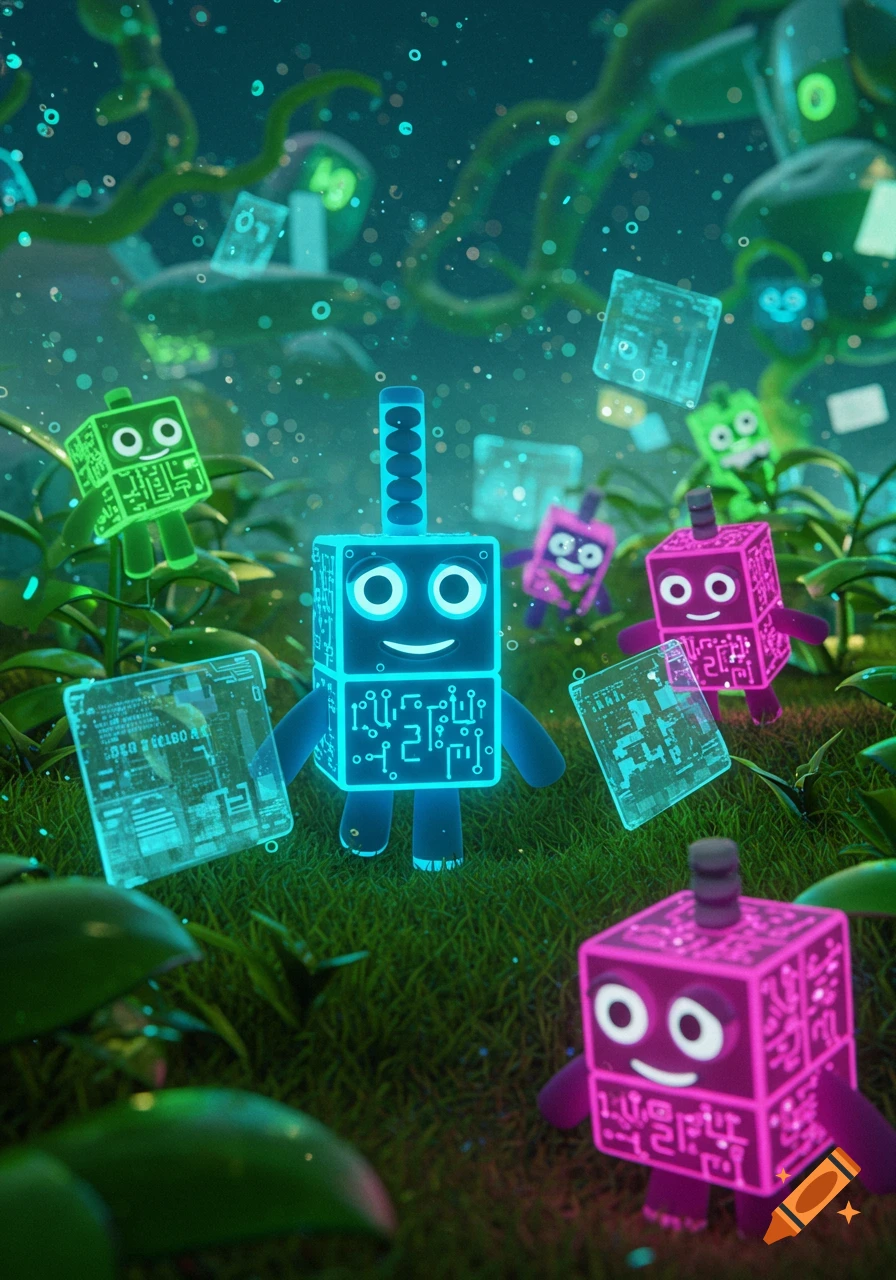 Glowing blue, green, and pink block-shaped AI characters with circuit patterns stand on grass in a vibrant, futuristic landscape with floating data screens.