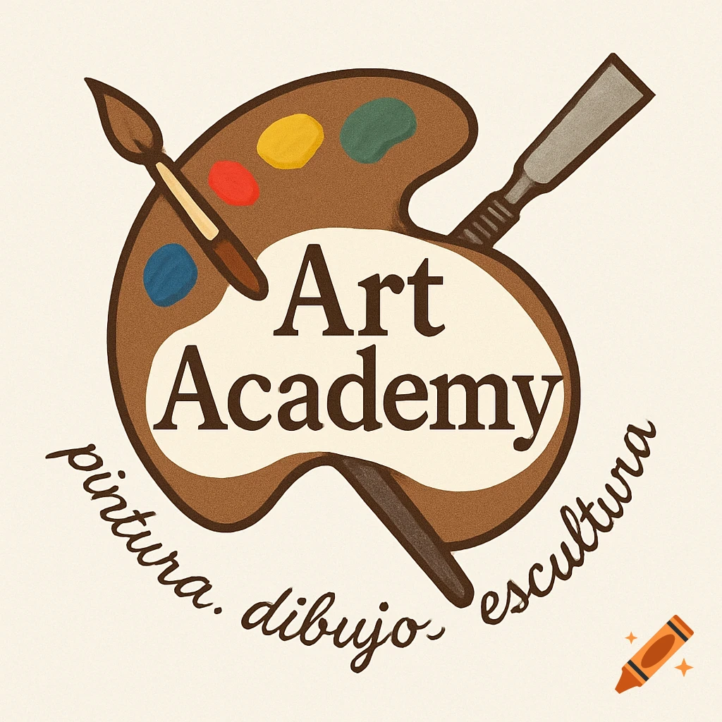 A logo for an Art Academy featuring a brown painter's palette with primary colors, a paintbrush, and a chisel. Text reads "Art Academy" and "pintura. dibujo escultura".