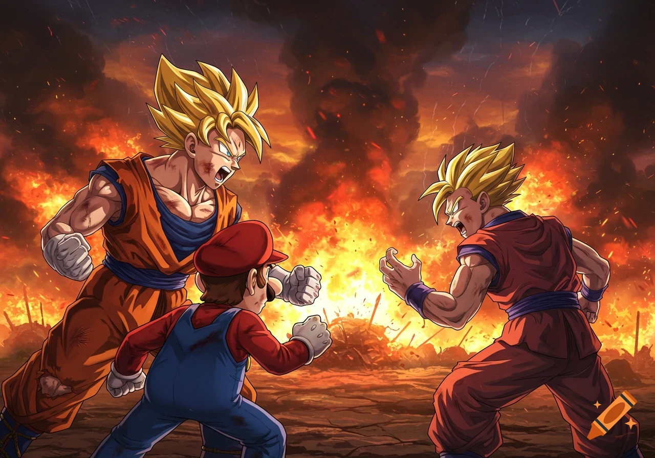 Mario and two Super Saiyan characters in an anime battle against a fiery, explosive background.