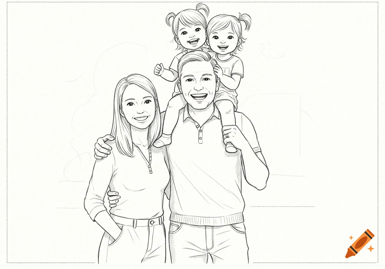 A line art illustration of a smiling family: a mother, a father with two toddler daughters on his shoulders.