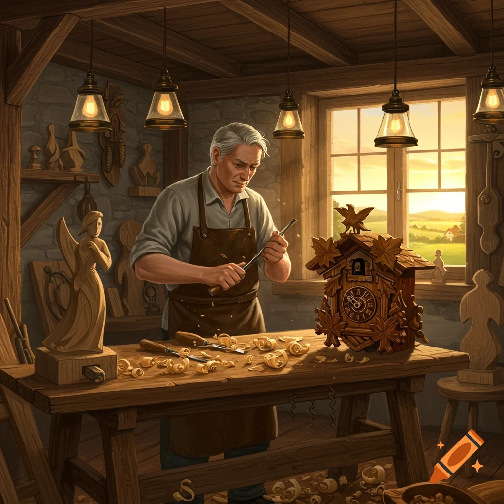 An elderly woodcarver meticulously works on a wooden piece in a rustic workshop with a cuckoo clock and tools on the workbench.