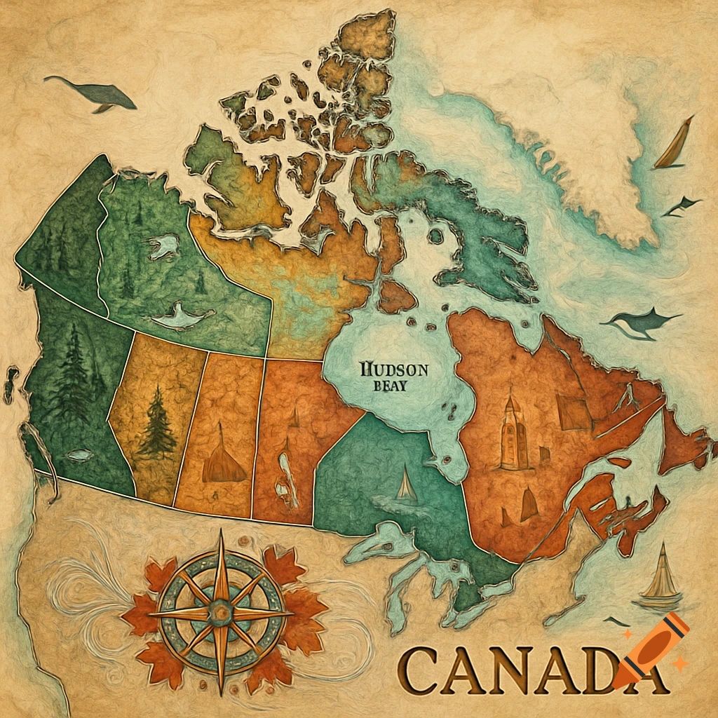 A vintage-style, artistic map of Canada featuring its provinces, various landmarks, wildlife, and a decorative compass rose.