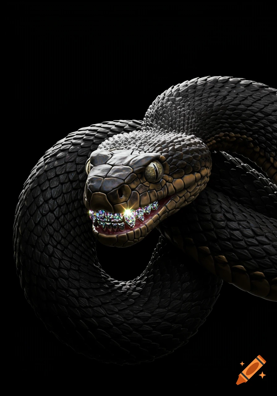 A photorealistic black snake with sparkling diamond grillz on its teeth, coiled against a black background.