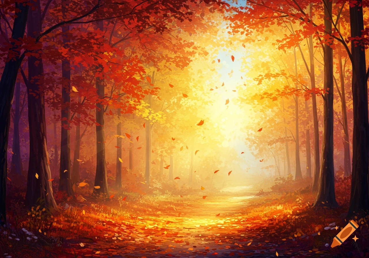 A vibrant autumn forest path with bright orange and red leaves under a golden, glowing light, illustrated in a painterly style.