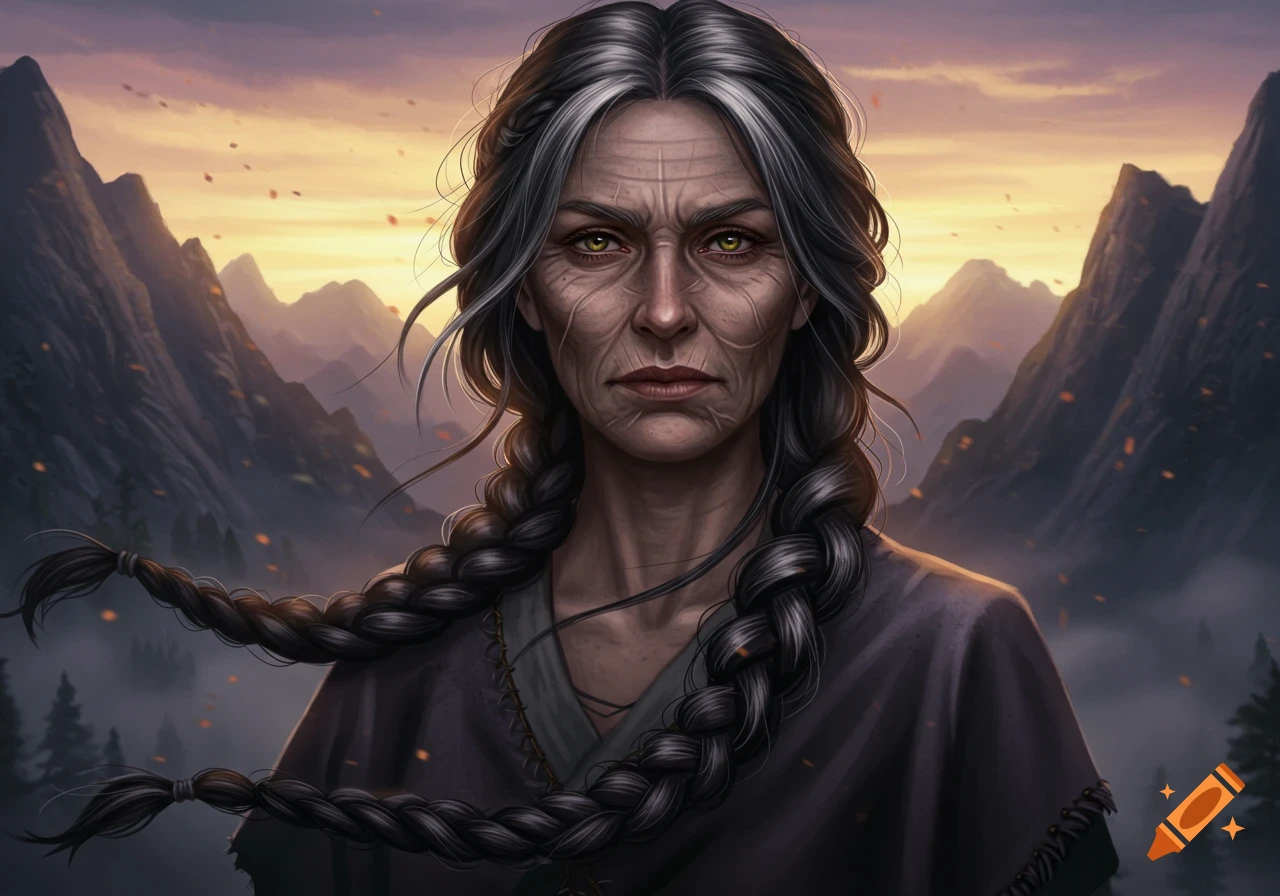 Digital painting of a weather-worn old woman with silver-streaked black braids and piercing yellow-green eyes, against mountains at sunset.