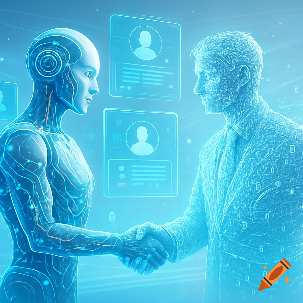 A humanoid AI with glowing circuits shakes hands with a human figure composed of data, set against a futuristic blue digital background with holographic profiles.