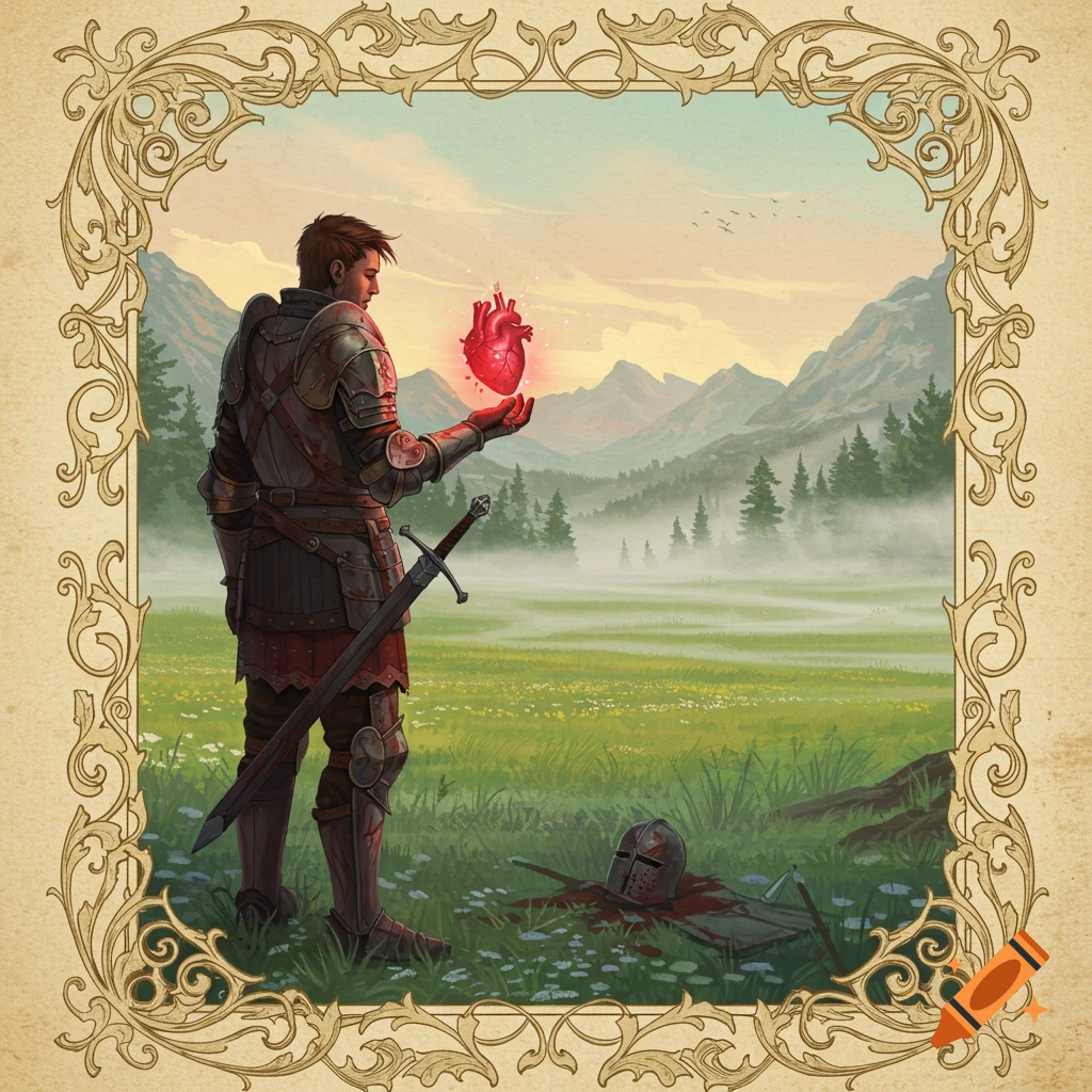 A medieval knight in armor holds a glowing red heart in a misty, mountainous field, framed by an ornate border.