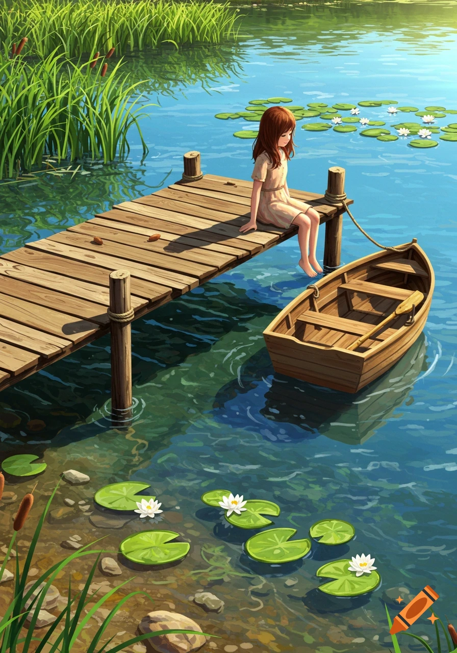 Anime-style illustration of a girl sitting on a wooden dock next to a small boat on a calm lake with lily pads and tall grass.