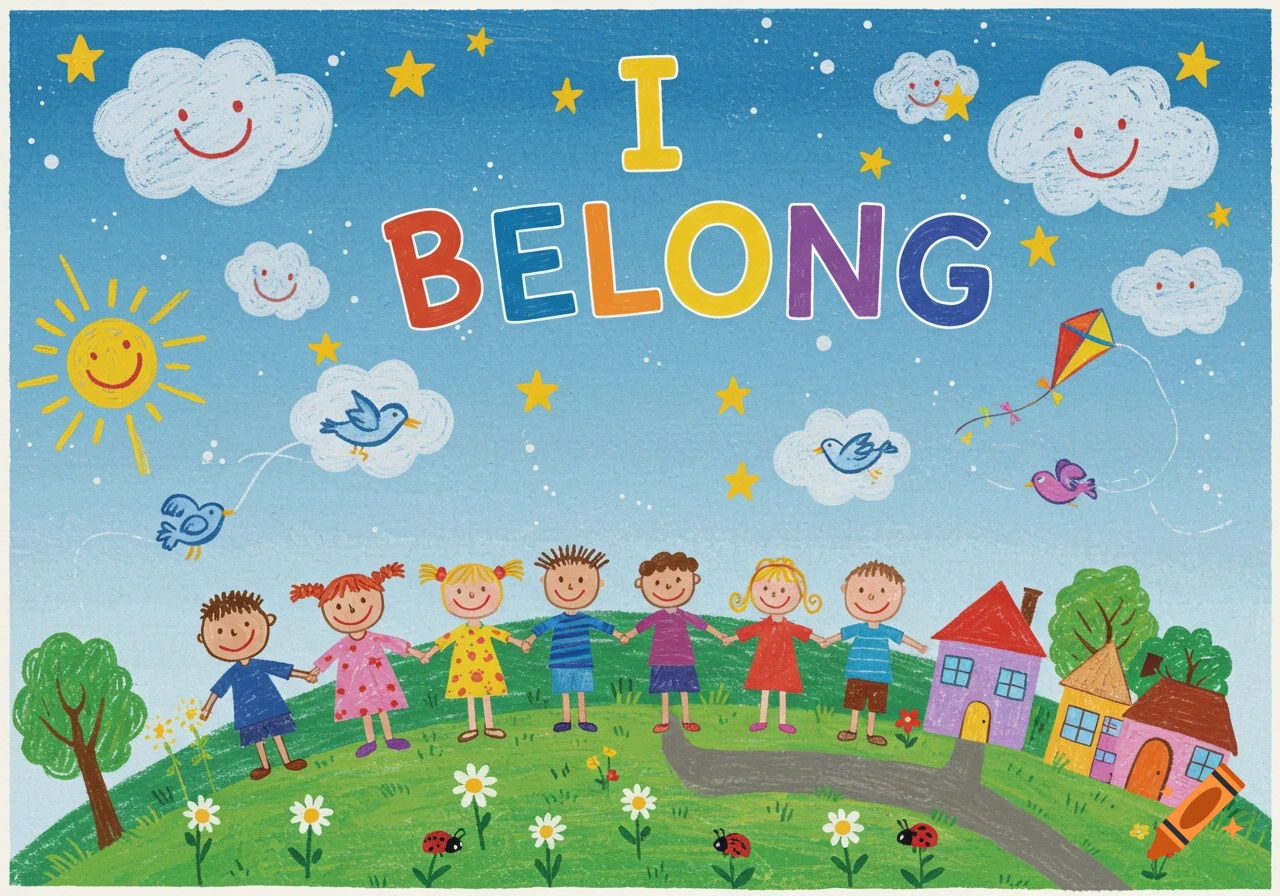 Colorful crayon drawing of diverse children holding hands on a grassy hill with houses, under a blue sky with smiling sun and clouds, text 'I BELONG'.