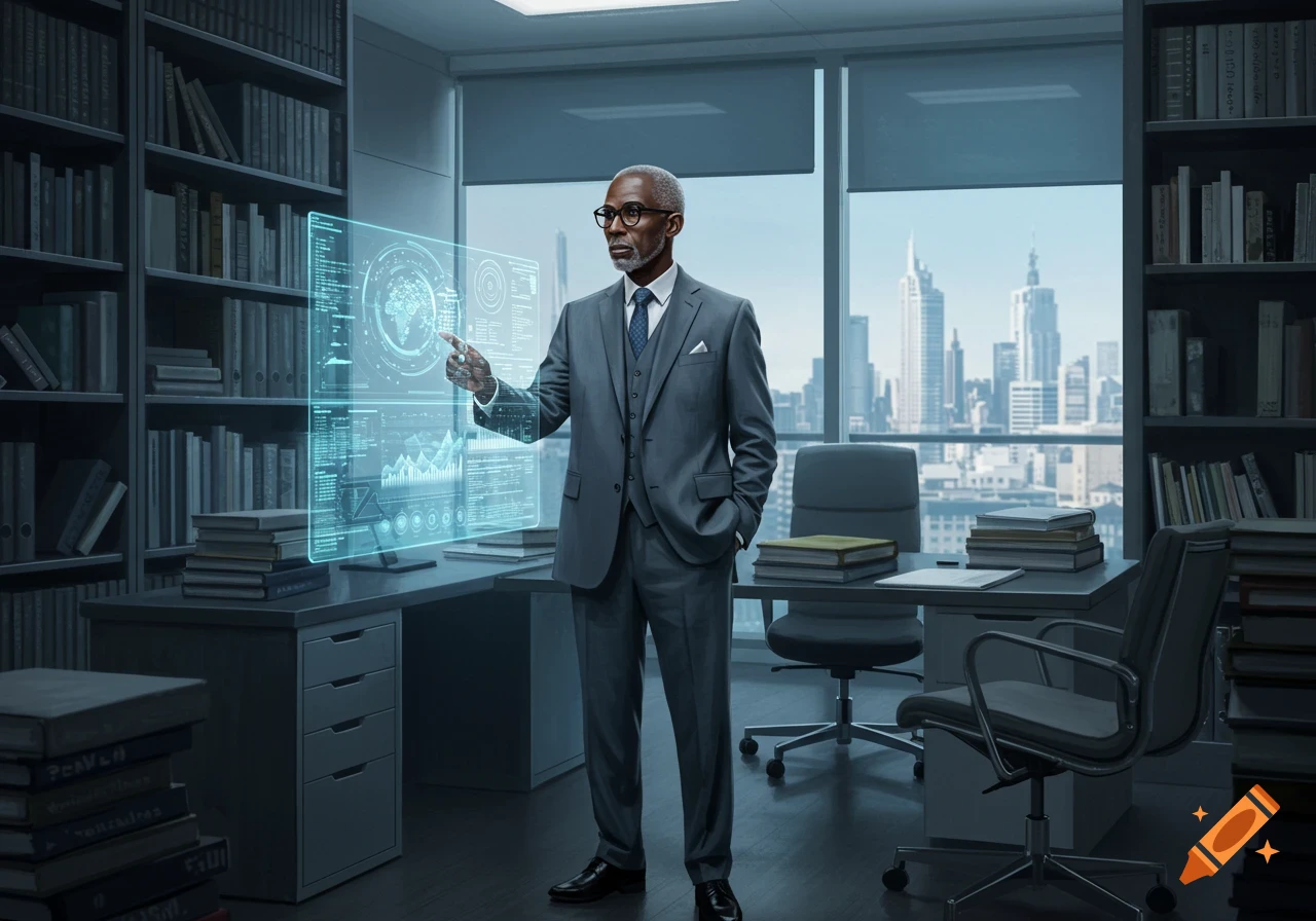 A well-dressed man in an office points at a holographic data screen, with bookshelves and a cityscape visible.