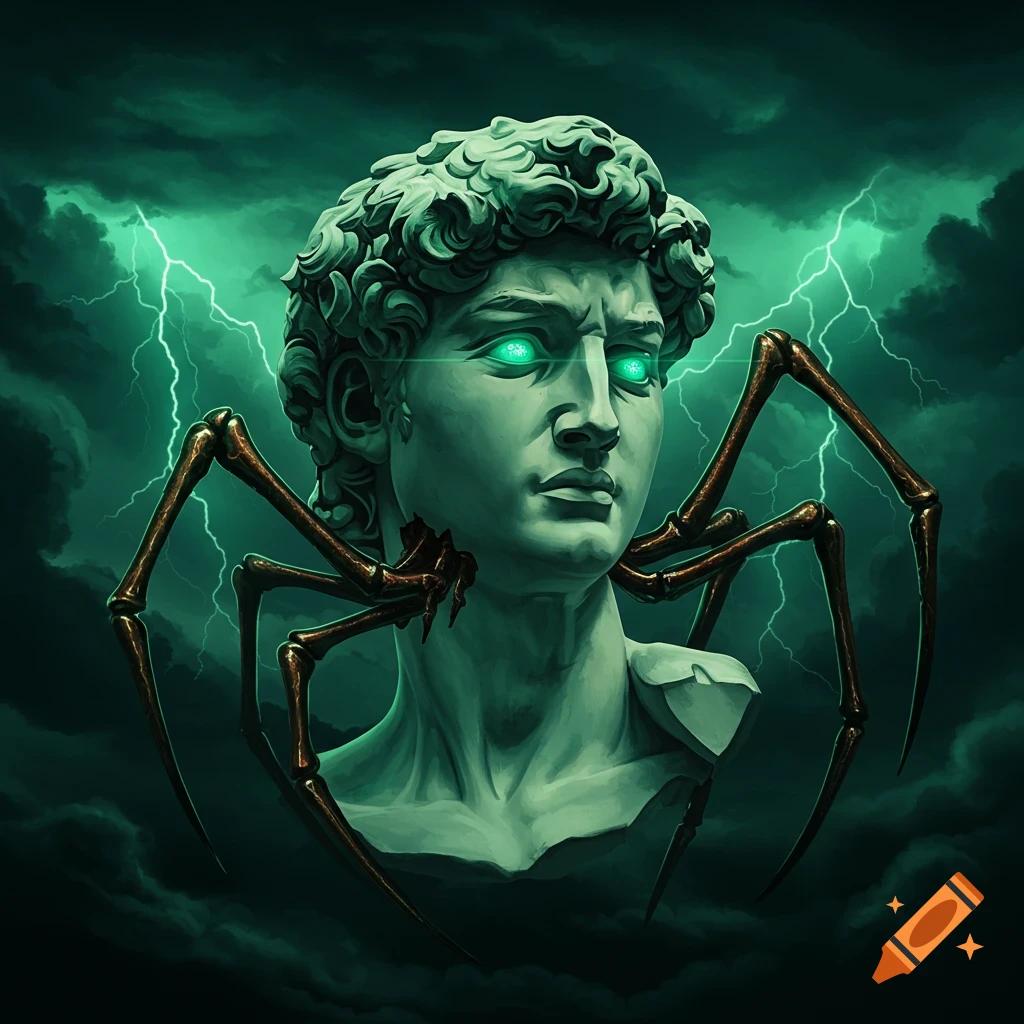 Dark fantasy digital art of the statue of David's head with glowing green eyes and spider legs, against a stormy green sky with lightning.