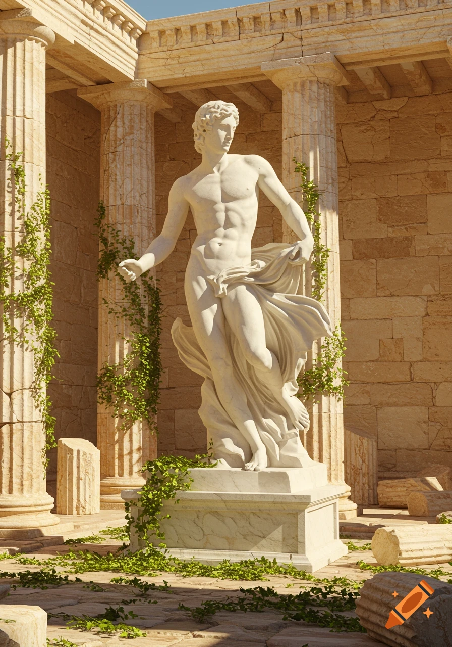 A white marble Greek statue of a man standing amidst classical ruins with columns and ivy, bathed in sunlight.