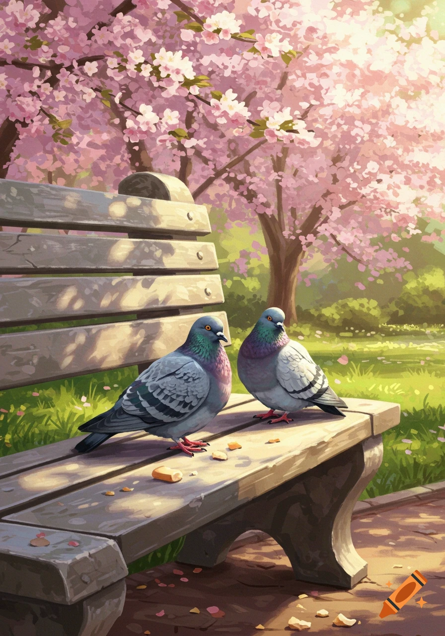 Two pigeons sit on a wooden park bench under blooming pink cherry blossom trees, with fallen petals and crumbs on the bench, in a stylized illustration.