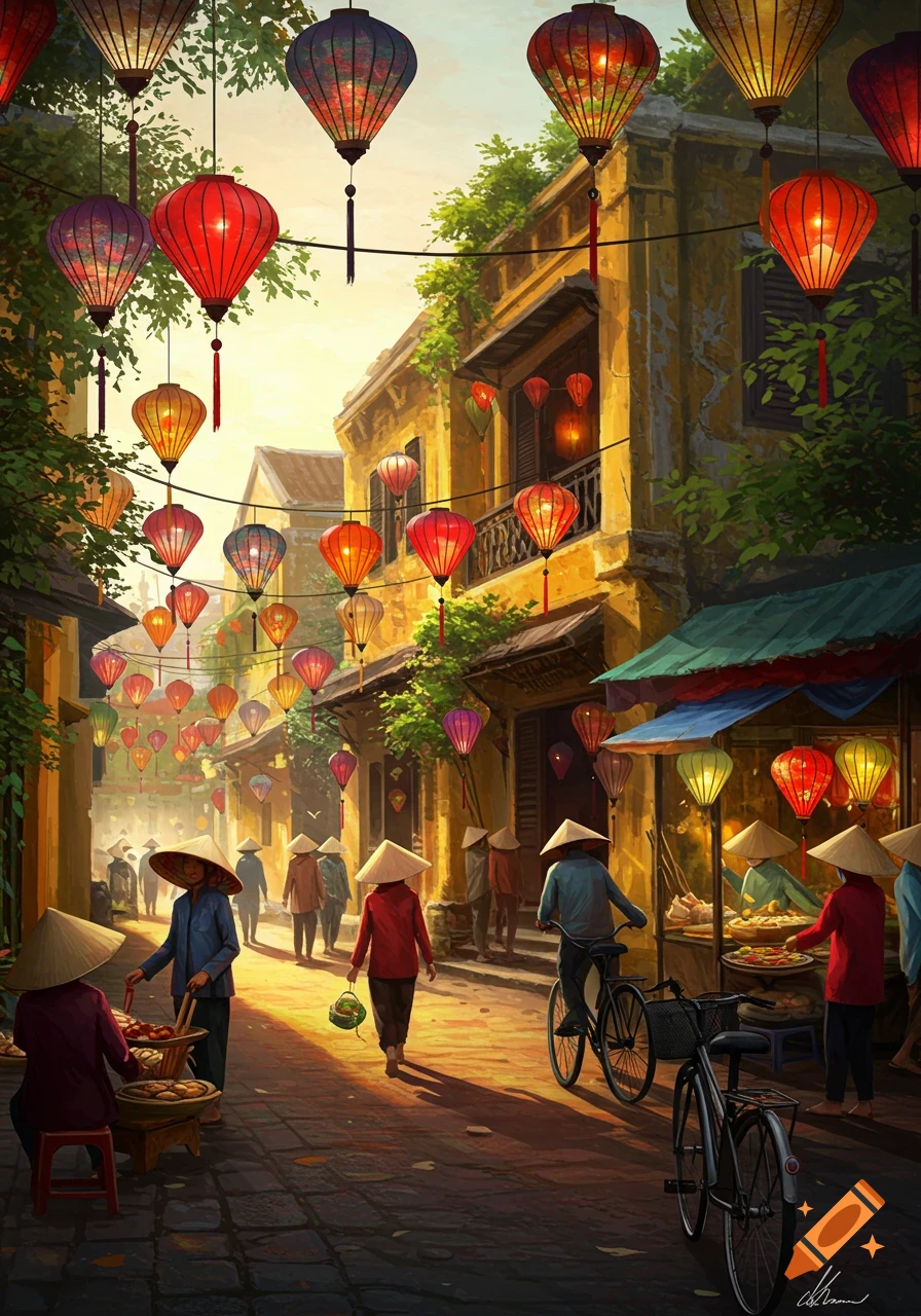 A vibrant street scene in Vietnam with people wearing conical hats, colorful lanterns, and traditional buildings under a warm sky, in a painterly style.