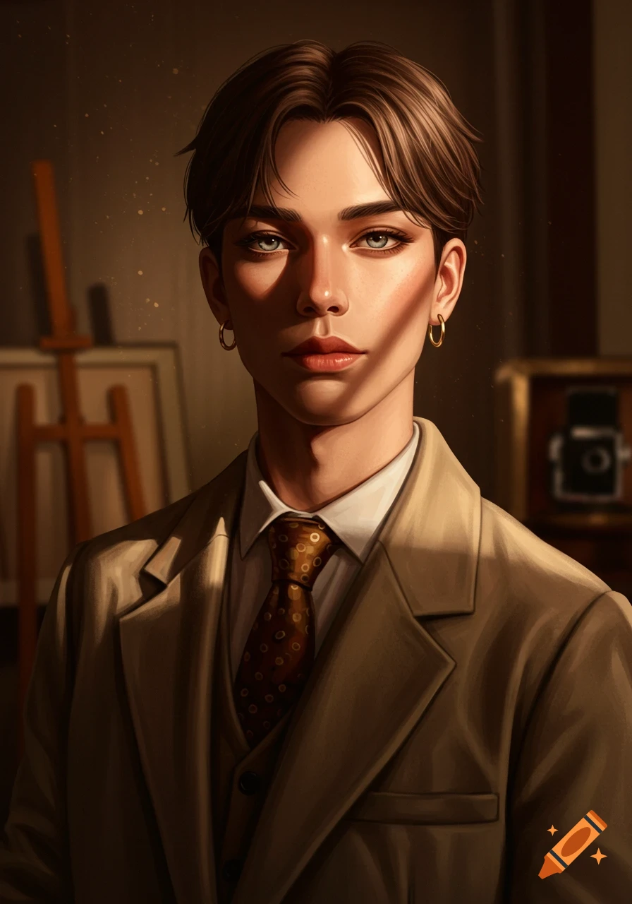 Stylized digital art portrait of a young man in a suit and tie, with gold hoop earrings and dramatic lighting, in an art studio.