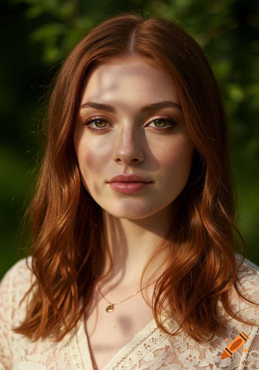 Photorealistic portrait of a young woman with red hair and green eyes, looking at the viewer, dappled sunlight on her face, green foliage background.