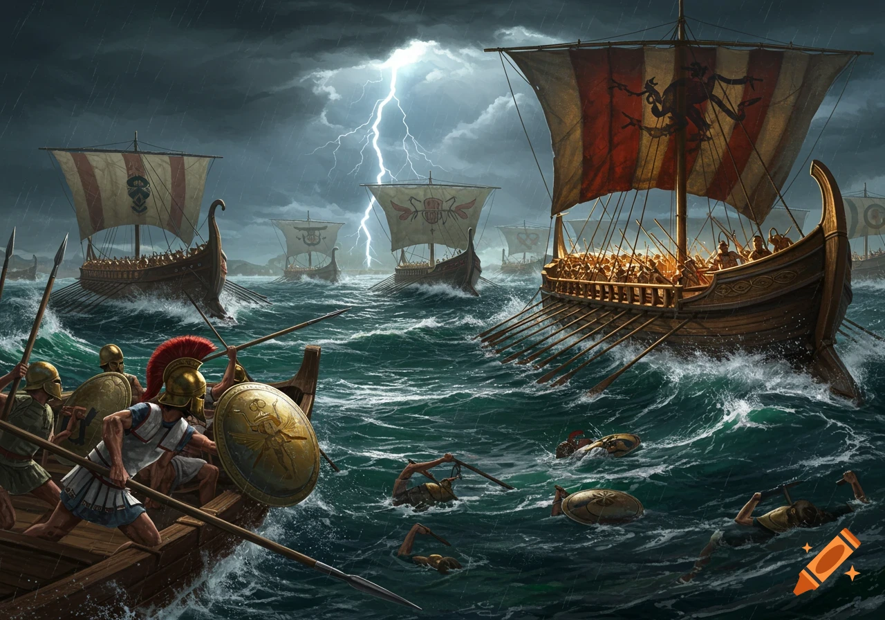 Ancient warships clash in a stormy naval battle with lightning, soldiers fighting on deck and in turbulent waves.