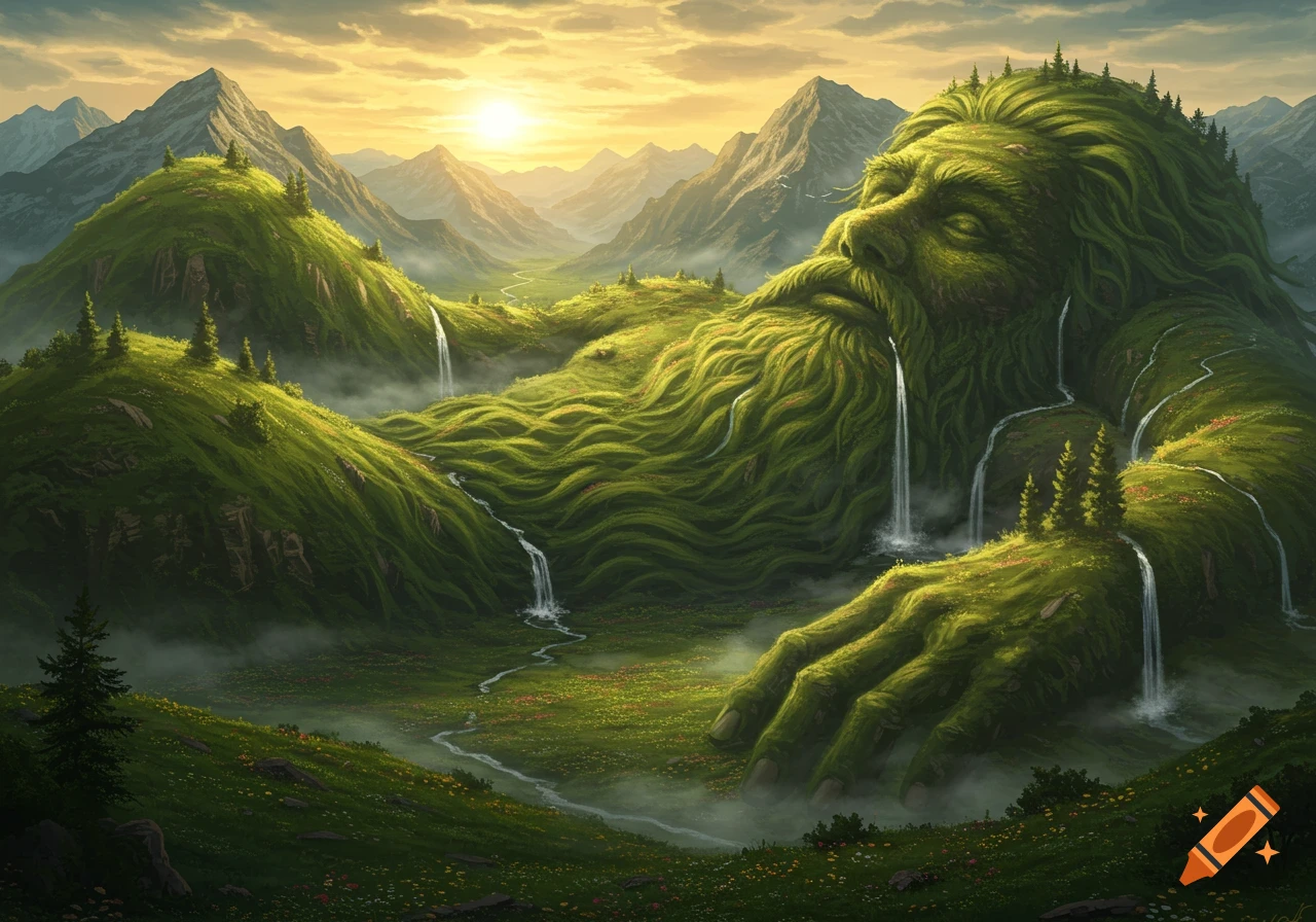A detailed fantasy landscape of a giant bearded figure made of green mountains, reclining in a valley with waterfalls at sunset.